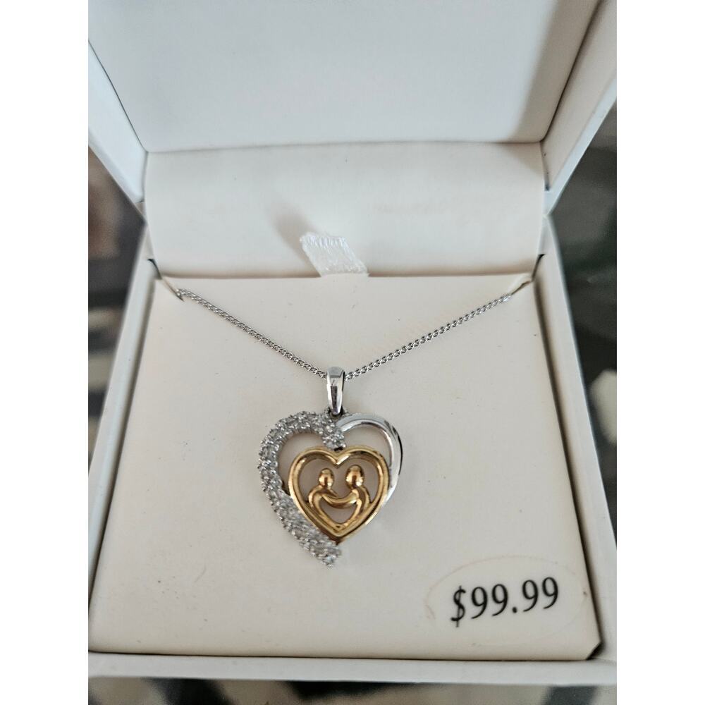 Women's 18" Diamond Mother & Child Heart Necklace Gold Over Sterling